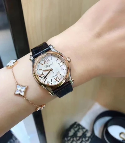 韩国专柜代购Chopard萧邦HAPPYSPORT快乐钻石腕表 5颗钻 全金手表-穿范儿