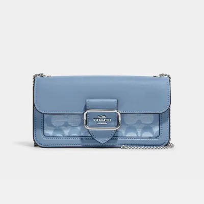 COACH 蔻驰 奥莱女包经典老花MORGAN香布蕾单肩包 CH150 SVM6A 浅蓝色-穿范儿