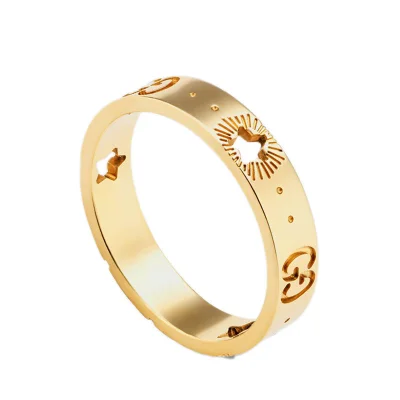 【包税】GUCCI/古驰 21新款 Icon系列 18k金黄金星星镂空图案双G戒指-穿范儿
